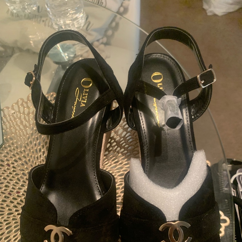 Olivia Miller Black Suede Bow Sandals with Gold-Tone Logo Not Chanel